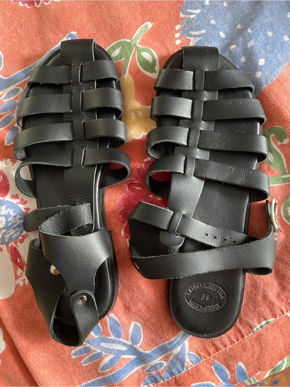 Black Strappy Leather Women's Fisherman Sandals Size 39
